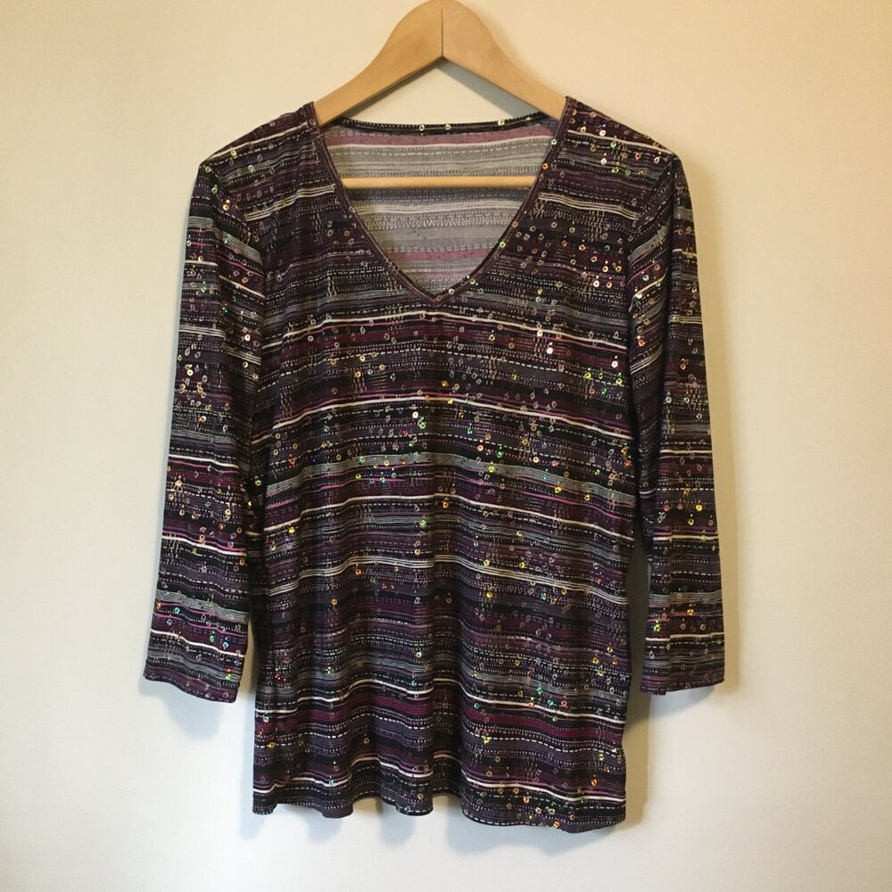Peter Nygard Stretchy Striped Top Sequin Embellished
